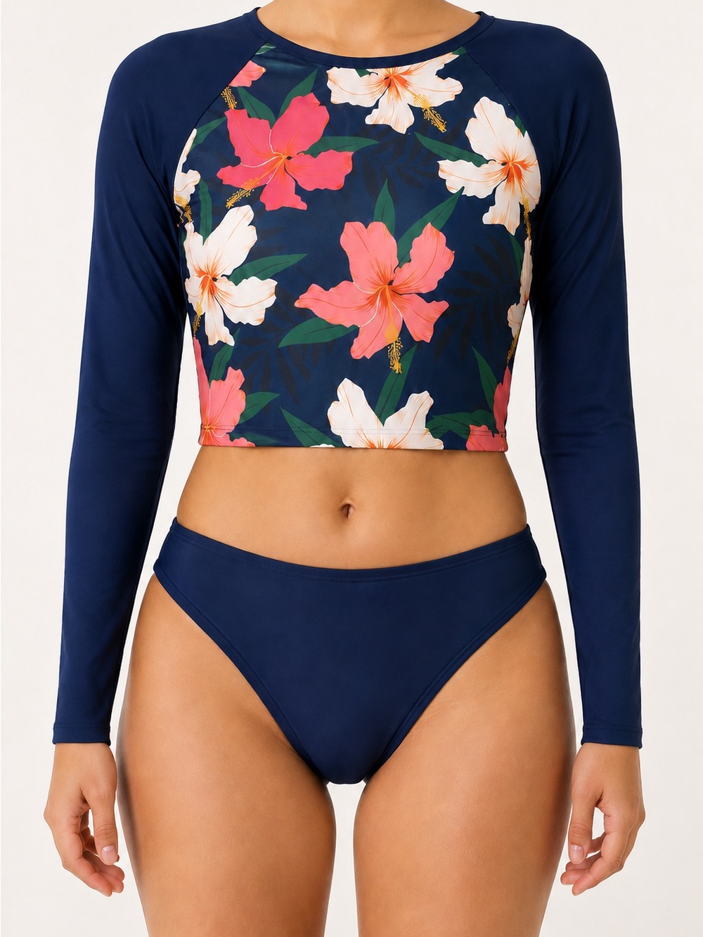 Navy Floral Long Sleeve Crop Rash Guard Bikini Set